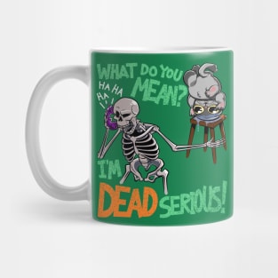 I'm Dead Serious! | Funny Cartoon Skeleton On Phone Grey Cat In Fishbowl Halloween Mug